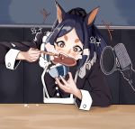  1girl absurdres alternate_costume alternate_hairstyle animal_ears apron arknights artist_request black_dress black_hair bowl chopsticks commentary_request dobermann_(arknights) dog_ears dress eating enmaided food food_on_face highres long_sleeves maid meat microphone open_mouth ponytail pop_filter red_eyes rice rice_bowl rice_on_face solo steak studio_microphone thick_eyebrows waist_apron white_apron 