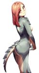  absurd_res animal_humanoid bodypaint breasts butt dragon dragon_humanoid female grey_body grey_scales hair hi_res humanoid likunea looking_at_viewer monster_girl_(genre) nipples rear_view red_eyes red_hair reptile scales scalie simple_background solo solo_focus white_background 