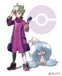  1boy ahoge artist_name beet_(pokemon) blonde_hair closed_mouth coat commentary_request curly_hair full_body gen_8_pokemon gloves hand_up hattrem highres holding holding_poke_ball looking_at_viewer poke_ball poke_ball_(generic) poke_ball_symbol pokemon pokemon_(creature) pokemon_(game) pokemon_swsh popped_collar purple_coat purple_eyes shoes short_hair single_glove size_difference smile standing teru_zeta watermark white_background wristband 