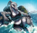  2020 5_fingers anthro blush breasts claws cleavage clothed clothing detailed_background digital_media_(artwork) eyelashes female fin fingers fish fivel gills grey_body hi_res looking_at_viewer marine navel outside rock sea shark solo water wet wet_clothing white_body 