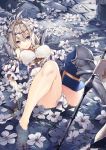  1girl 218 ahoge blonde_hair blue_eyes breasts detached_sleeves flower granblue_fantasy hair_between_eyes hair_flower hair_ornament impossible_clothes jeanne_d&#039;arc_(granblue_fantasy) large_breasts partially_submerged petals single_greave single_thighhigh solo standard_bearer thighhighs water wet 