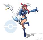  1girl :d absurdres artist_name bangs blue_eyes blue_footwear blue_gloves boots breasts clenched_hand commentary_request full_body fuuro_(pokemon) gen_5_pokemon gloves gym_leader hair_between_eyes hair_ornament highres long_hair looking_at_viewer navel open_mouth outstretched_arm poke_ball_symbol pokemon pokemon_(creature) pokemon_(game) pokemon_bw red_hair shorts sidelocks smile spread_fingers swanna teeth teru_zeta tongue upper_teeth watermark white_background 