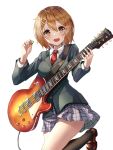  1girl absurdres black_legwear blazer blush brown_eyes brown_hair eyebrows_visible_through_hair guitar hair_ornament hairclip highres hirasawa_yui instrument jacket k-on! kerno les_paul loafers necktie plaid plaid_skirt pleated_skirt plectrum red_neckwear sakuragaoka_high_school_uniform school_uniform shoes short_hair skirt smile socks solo white_background 