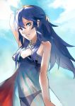  1girl arm_up bare_shoulders blue_eyes blue_swimsuit breasts cape cloud fire_emblem fire_emblem_awakening fire_emblem_heroes gimkamres04 hair_ornament long_hair looking_at_viewer lucina_(fire_emblem) navel outdoors small_breasts smile solo swimsuit symbol_in_eye tiara very_long_hair 