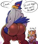  2019 anthro avian backsack balls big_butt bird blue_body blue_feathers bobthetanuki bulge butt canid canine clothed clothing dialogue digital_media_(artwork) duo falco_lombardi falcon falconid feathers fox fox_mccloud fur genitals hi_res holding_butt looking_at_viewer looking_back male mammal nintendo nipples open_shirt orange_body orange_fur rear_view shirt simple_background speech_bubble star_fox tail_feathers topwear video_games 