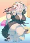  absurd_res achakoora anthro blush breasts clothed clothing dessert female food fur hair hi_res ice_cream looking_at_viewer mammal tongue 