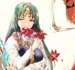  1girl bangs blood bloody_weapon circlet clip_studio_paint_(medium) flower green_hair hand_up holding holding_flower holding_weapon indoors long_sleeves maris_amaryllis parted_bangs rance_(series) shado_ne solo weapon white_background 