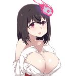  1girl :d bangs bare_shoulders breasts cleavage fire flame ghost hands_on_own_chest hitodama japanese_clothes kimono large_breasts lowres medium_hair obi open_mouth pink_eyes sash smile tareme towa_rui towa_rui_channel upper_body white_background white_kimono yotsuya_pro 