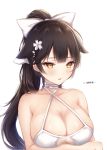  1girl azur_lane bangs bare_shoulders black_hair blush bow breast_hold breasts breasts_day brown_eyes cleavage collarbone commentary_request criss-cross_halter eyebrows_visible_through_hair hair_bow hair_ornament halterneck highres kiri_celea large_breasts long_hair parted_lips ponytail shiny shiny_hair shiny_skin simple_background solo takao_(azur_lane) tied_hair upper_body white_background 