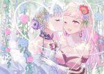  2girls artist_name blue_hair braid breasts bride cheek_kiss cleavage closed_eyes closed_mouth crown_braid dress earrings fire_emblem fire_emblem:_three_houses flower from_side gloves hair_flower hair_ornament highres hilda_valentine_goneril jewelry kiss long_hair marianne_von_edmund multiple_girls one_eye_closed open_mouth pink_eyes pink_hair ponytail sakuramotikun upper_body wedding_dress white_gloves yuri 