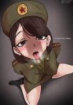  1girl :o arms_behind_back bare_legs black_eyes blush breasts brown_hair commentary english_commentary english_text from_above hat highres kim_yo-jong long_hair looking_at_viewer looking_up medium_breasts military military_hat military_jacket military_uniform miniskirt real_life seiza sitting skirt softshikioni solo tongue tongue_out uniform upper_teeth 