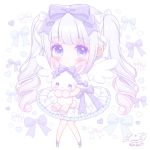  1girl bangs blush bow chibi closed_mouth commentary_request dress eyebrows_visible_through_hair full_body gradient_hair grey_hair hair_bow heart heart_background himetsuki_luna knees_together_feet_apart long_hair multicolored_hair object_hug original pink_hair puffy_short_sleeves puffy_sleeves purple_bow purple_eyes purple_footwear ringlets shoes short_sleeves sidelocks simple_background solo stuffed_animal stuffed_bunny stuffed_toy twintails very_long_hair white_background white_bow white_dress white_wings wings 