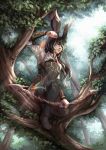  1girl absurdres animal_ears arm_guards arrow_(projectile) bangs black_hair boots bow_(weapon) bunny_ears closed_mouth commission day facial_mark final_fantasy final_fantasy_xiv forest green_eyes highres lips long_hair multicolored_hair nature onyrica outdoors signature solo swept_bangs thigh_boots thighhighs tree two-tone_hair viera watermark weapon web_address 