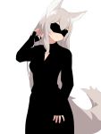  animal_ears black_blindfold black_dress blindfold cleavage_cutout dress eyebrows_visible_through_hair grey_hair hand_in_hair hand_up highres long_dress long_hair nezuko original simple_background sleeves_past_wrists smile solo standing tagme tail white_background 
