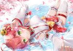  absurdres bell breasts cherry_blossom_print cherry_blossoms detached_sleeves floral_print ginn_(hzh770121) green_eyes hair_bell hair_ornament hairclip highres hololive leg_garter looking_at_viewer lying lying_on_water pink_hair sakura_miko single_thighhigh thighhighs upside-down virtual_youtuber water white_legwear x_hair_ornament 