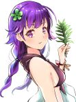  1girl bangs bikini bracelet breasts eyebrows_visible_through_hair fire_emblem fire_emblem:_the_sacred_stones fire_emblem_heroes flower hair_flower hair_ornament highres jewelry leaf long_hair looking_at_viewer lute_(fire_emblem) parted_lips purple_eyes purple_hair satukiseki_jo666 sideboob small_breasts swimsuit tied_hair upper_body white_background 