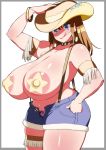  1girl areola_slip areolae armband armpit_crease bare_shoulders black_panties blue_eyes border bracelet breasts brown_hair chaps character_name choker cleavage cow_girl cowboy_hat curvy denim denim_shorts grey_border hat highres huge_breasts jewelry komusou_(jinrikisha) long_hair looking_at_viewer navel no_shirt ooba_minori open_fly original outside_border panties pasties purple_panties shorts simple_background solo star_pasties suspenders teardrop_earring thigh_strap tongue tongue_out underwear white_background 