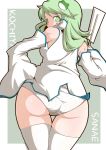  1girl artist_name ass blush_stickers character_name commentary_request cowboy_shot crotch_seam detached_sleeves frog_hair_ornament from_behind gohei green_background green_eyes green_hair hair_ornament hair_tubes hand_on_hip holding kochiya_sanae long_hair looking_at_viewer looking_back outside_border panties shirt sleeveless sleeveless_shirt snake_hair_ornament solo standing thigh_gap thighhighs touhou underwear white_legwear white_panties white_shirt zannen_na_hito 