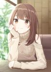 1girl blush brown_eyes brown_hair eyebrows_visible_through_hair hand_on_own_cheek hand_up highres leaf looking_at_viewer medium_hair original plant ribbed_sweater sitting smile solo sweater table window yazi114 