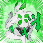  1:1 absurd_res clothing clover fak&eacute;mon frown green_body green_skin hi_res humanoid japanese_text kuuroba looking_back male muscular ney_dl pok&eacute;mon_clover speedo swimwear text white_body white_skin 