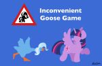  2020 alternate_species anatid anseriform anserinae avian bird bobthedalek duo equid equine female friendship_is_magic goose goose_(untitled_goose_game) hasbro hi_res horn mammal my_little_pony mythological_creature mythological_equine mythology trixie_(mlp) twilight_sparkle_(mlp) untitled_goose_game winged_unicorn wings 