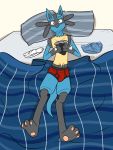  3:4 bed briefs clothed clothing furniture fuze hi_res holding_object holding_underwear lucario lying male nintendo on_back on_bed pawpads pok&eacute;mon pok&eacute;mon_(species) solo underwear underwear_only video_games 