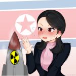  1girl absurdres black_hair black_jacket blush censored commentary drooling english_commentary hand_up highres hioyami jacket kim_yo-jong long_hair mosaic_censoring north_korea north_korean_flag nuclear_weapon open_mouth pink_neckwear radiation_symbol real_life red_eyes solo suggestive_fluid upper_body wavy_mouth 