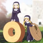  2girls angelene bangs baumkuchen black_dress blonde_hair blue_eyes blurry blurry_background blush braid breasts brown_eyes brown_footwear closed_mouth commentary_request day depth_of_field dress eyebrows_visible_through_hair gloves grass habit hair_between_eyes highres holding long_hair long_sleeves lucia_(index) medium_breasts multiple_girls nun open_mouth outdoors parted_bangs shirosato shoes standing to_aru_majutsu_no_index twin_braids twintails v-shaped_eyebrows veil very_long_hair white_footwear white_gloves wide_sleeves 