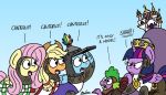  2020 applejack_(mlp) armor backpack blonde_hair bobthedalek canterlot castle chainmail clothed clothed_feral clothing cowboy_hat crown dialogue english_text equid equine feathered_wings feathers feral fluttershy_(mlp) friendship_is_magic group hair hat headgear headwear helmet horn horse king_arthur knight mammal monty_python_and_the_holy_grail multicolored_hair my_little_pony parody pegasus pink_hair pony rainbow_dash_(mlp) size_difference spike_(mlp) text twilight_sparkle_(mlp) warrior winged_unicorn wings 