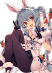  1girl :d animal_ear_fluff animal_ears bangs bare_shoulders black_gloves black_legwear black_leotard blue_hair blush bow braid breasts bunny_ears carrot_hair_ornament commentary_request detached_sleeves double_w dress eyebrows_visible_through_hair fang feet_out_of_frame food_themed_hair_ornament fur-trimmed_dress fur-trimmed_gloves fur_trim gloves hair_between_eyes hair_bow hair_ornament hands_up hololive knees_up leotard long_hair looking_at_viewer multicolored_hair open_mouth painttool_sai_(medium) pantyhose puffy_short_sleeves puffy_sleeves red_eyes shoes short_eyebrows short_sleeves signature simple_background small_breasts smile solo strapless strapless_dress strapless_leotard thick_eyebrows tsurugi_hagane twin_braids twintails two-tone_hair usada_pekora very_long_hair virtual_youtuber w white_background white_bow white_dress white_footwear white_hair white_sleeves 