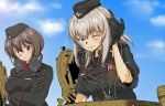  2girls ;) bangs black_gloves black_headwear black_jacket blue_eyes blue_sky brown_eyes brown_hair closed_mouth cloud cloudy_sky commentary_request crossed_arms day dress_shirt eyebrows_visible_through_hair garrison_cap girls_und_panzer gloves half-closed_eye hand_on_headphones hat headphones insignia itsumi_erika jacket kuromorimine_military_uniform long_sleeves looking_at_viewer medium_hair military military_hat military_uniform multiple_girls nakamura_3sou nishizumi_maho one_eye_closed outdoors red_shirt shirt short_hair silver_hair sky sleeves_rolled_up smile tank_cupola throat_microphone uniform wing_collar 