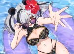  1girl :d adjusting_eyewear amopui animal_ears arknights artist_name bangs bikini black_bikini black_hair breasts cleavage commentary eyebrows_visible_through_hair feater_(arknights) flower hair_flower hair_ornament hair_over_one_eye hands_up hibiscus highres innertube large_breasts long_hair looking_at_viewer multi-strapped_bikini multicolored_hair navel open_mouth panda_ears red_eyes red_flower silver_hair smile solo stomach streaked_hair sunglasses swimsuit thick_eyebrows twintails twitter_username water 