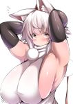  1girl animal_ears armpits arms_behind_head black_gloves blush breasts commentary_request covered_nipples elbow_gloves eyebrows_visible_through_hair flying_sweatdrops gloves highres huge_breasts inubashiri_momiji long_hair looking_at_viewer shishi_juuroku sideboob simple_background solo thick_eyebrows touhou white_background white_hair wolf_ears 