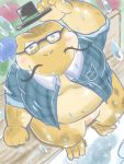  2020 3:4 amphibian anthro belly blush clothing dain_4201 eyewear facial_hair frog glasses hat headgear headwear hi_res kemono male mustache overweight overweight_male raining shirt sitting solo topwear 