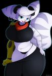  anthro black_bottomwear black_clothing black_topwear blue_eyes bottomwear breasts clothing female gayeon hi_res lombax mammal panties pink_nose pink_tongue ratchet_and_clank rift_apart_lombax solo striped_tail stripes tongue topwear underwear undressing video_games 