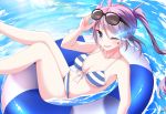  1girl ;d ahoge arm_up bare_arms bare_shoulders bikini black-framed_eyewear black_rock_shooter black_rock_shooter_(character) blue_eyes breasts cleavage collarbone eyewear_on_head facial_mark flaming_eye front-tie_bikini front-tie_top highres innertube lavender_hair long_hair looking_at_viewer medium_breasts navel one_eye_closed open_mouth oywj smile solo stomach string_bikini striped striped_bikini sunglasses swimsuit thighs twintails water wet 