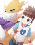  1girl bangs belt blue_eyes broken_heart_print brown_hair card degi0833 digimon digimon_tamers highres makino_ruki ponytail raglan_sleeves renamon simple_background smile white_background 