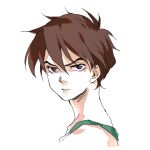  1boy bangs blue_eyes brown_hair expressionless eyebrows_visible_through_hair face gundam gundam_wing heero_yuy kydesu looking_at_viewer male_focus painttool_sai_(medium) portrait short_hair simple_background 