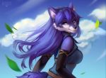  anthro avocado_seed black_nose blue_eyes breasts canid canine canis clothed clothing female fur hair long_hair lucia_(character) mammal purple_body purple_fur purple_hair solo wolf 