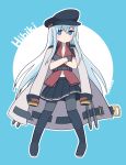  1girl bangs belt black_belt black_footwear black_gloves black_headwear black_skirt blue_eyes blush boots breasts character_name cleavage coat commentary cosplay crossed_arms full_body gangut_(kantai_collection) gangut_(kantai_collection)_(cosplay) gloves grey_legwear hat hibiki_(kantai_collection) highres jacket_on_shoulders kantai_collection long_hair pantyhose pleated_skirt red_shirt shirt short_sleeves signature silver_hair simoyuki simple_background skirt solo two-tone_background 