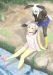  2girls arms_at_sides bald_eagle_(kemono_friends) bird_tail bird_wings black_jacket black_legwear blonde_hair blue_hair blue_skirt boots commentary_request day eyebrows_visible_through_hair from_above great_white_pelican_(kemono_friends) hair_ribbon hand_on_hip hand_rest hane_(kirschbaum) head_wings high_ponytail jacket kemono_friends leaning_forward long_hair long_sleeves looking_at_another looking_down looking_up medium_hair miniskirt multicolored_hair multiple_girls outdoors outstretched_leg pantyhose pink_footwear pink_hair pink_skirt pink_sweater plaid plaid_skirt purple_eyes red_hair ribbon shoes sitting skirt standing sweater tail thighhighs two-tone_hair water white_hair wings yellow_eyes yellow_footwear yellow_legwear zettai_ryouiki 