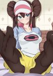  1girl absurdres aqua_eyes bangs bed breasts brown_hair brown_legwear closed_mouth collarbone double_bun hair_between_eyes highres legwear_under_shorts light_blush long_hair looking_at_viewer mei_(pokemon) on_bed pantyhose poke_ball_print pokemon pokemon_(game) pokemon_bw2 raglan_sleeves self_empl0yed short_shorts shorts sitting smile solo spread_legs twintails two-tone_headwear visor_cap yellow_shorts 