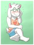  anthro aperture-styles barefoot blush bovid caprine deltarune eyewear eyewear_on_head fangs feet glasses glasses_on_head hi_res humanoid_feet male mammal ralsei sleeveless_shirt solo video_games 