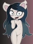  absurd_res anthro blush cartoon_hangover claire_(the_summoning) dreameclipsewolf erect_nipples fangs felid feline female flat_chested genitals hair hi_res looking_at_viewer mammal mismatched_ears nipples notched_ear nude pussy solo teeth the_summoning tongue 