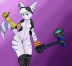  anthro big_ears clothing ear_piercing eyewear female gesture gloves goggles goggles_on_head hammer handwear lombax mammal piercing prosthetic prosthetic_arm prosthetic_limb ratchet_and_clank rift_apart_lombax robotic_arm rorrek solo stripes thumbs_up tools video_games weapon 