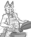  anthro apron apron_only barbecue bbq bow_tie canid canine canis clothing dad_bod fox grill grilling hi_res male mammal monochrome mostly_nude nicnak044 pipe solo 