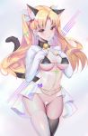  1girl animal_ear_fluff animal_ears bangs bell bikini black_bikini blonde_hair blush breasts cat_ears cat_tail closed_mouth earrings ereshkigal_(fate/grand_order) fate/grand_order fate_(series) highres hoop_earrings infinity jewelry jingle_bell kernel_killer large_breasts long_hair long_sleeves looking_at_viewer maebari medium_breasts mismatched_legwear navel parted_bangs pasties red_eyes shrug_(clothing) swimsuit tail thighhighs thighs two_side_up 