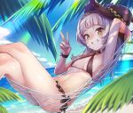  1girl arm_up armpits bare_arms bare_shoulders beach bikini black_bikini black_choker black_headwear breasts choker criss-cross_halter crossed_legs day frilled_bikini frills grin hairband halterneck hammock hand_up hat hololive konnyaku_(kk-monmon) long_hair looking_at_viewer murasaki_shion navel ocean outdoors reclining silver_hair sky small_breasts smile solo stomach sunlight swimsuit thighs v virtual_youtuber water witch_hat wristband yellow_eyes 