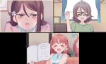  &gt;_&lt; angry antenna_hair bedroom blue_shirt blurry blurry_background blush book bow brown_hair closed_eyes clover_hair_ornament collared_shirt commentary cream_(nipakupa) drawing flower four-leaf_clover_hair_ornament glasses green_bow green_shirt hair_flower hair_ornament highres holding holding_book love_live! love_live!_sunshine!! orange_hair pen pink_sweater red_hair sakurauchi_riko shirt sketchbook sleeveless sleeveless_shirt striped striped_shirt sweatdrop sweater takami_chika video_call watanabe_you yellow_eyes 