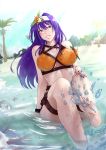  1girl absurdres bare_legs barefoot beach bikini blue_sky breasts cleavage commentary crab english_commentary eyebrows_visible_through_hair fire_emblem fire_emblem:_path_of_radiance fire_emblem:_radiant_dawn fire_emblem_heroes flower full_body green_eyes grin hair_between_eyes hair_flower hair_ornament hairband highres large_breasts light_rays lips long_hair looking_at_viewer mia_(fire_emblem) midriff nail_polish ocean orange_bikini outdoors palm_tree partially_submerged purple_hair purple_nails sitting sky smile solo splashing starfish sunlight swimsuit thigh_pouch thigh_strap toenail_polish tree vialnite wet wristband 